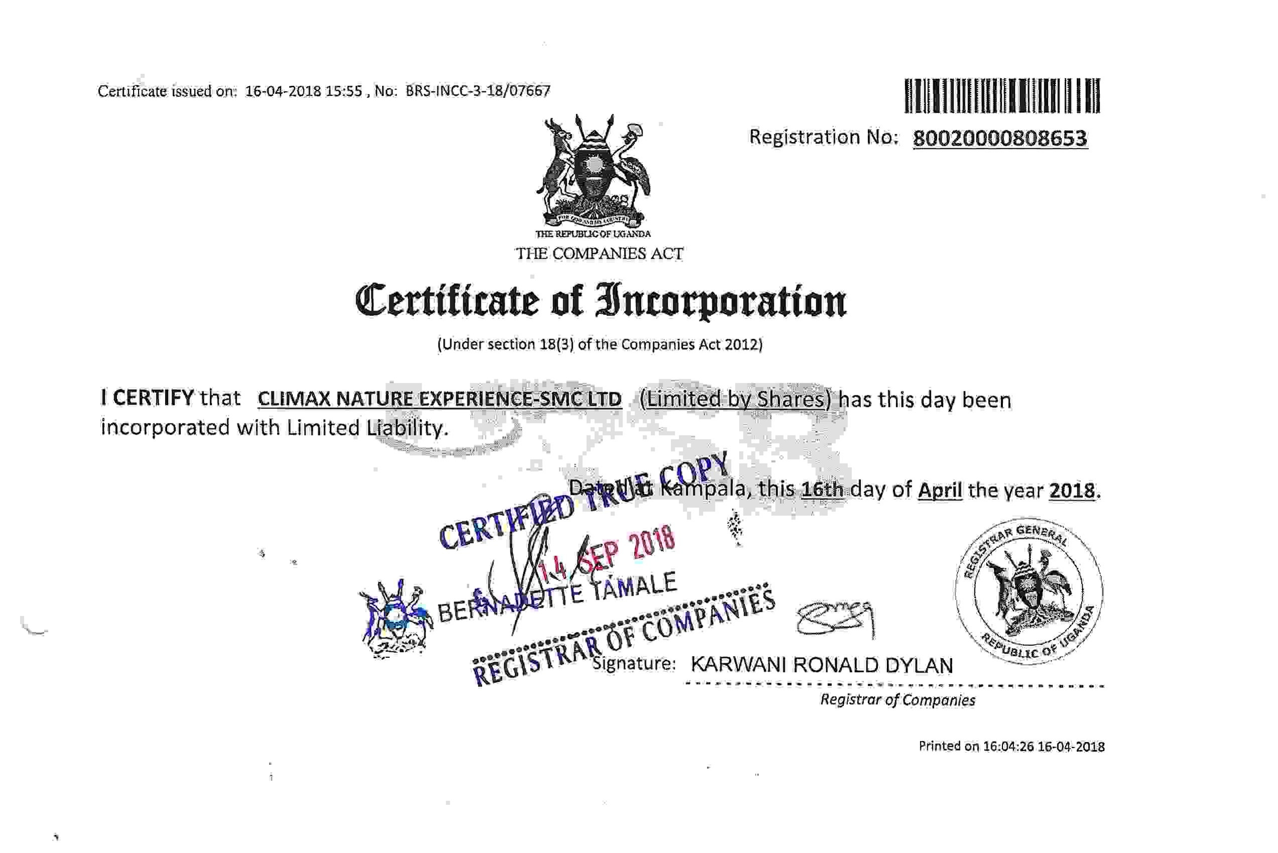 Certificate of incorporation